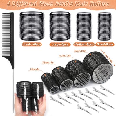 Cludoo 24PCS Heatless Hair Rollers with 12 Clips - 4 Sizes (Large, Medium, Small) for Volume, Curls on Long, Short, Thick or Fine Hair