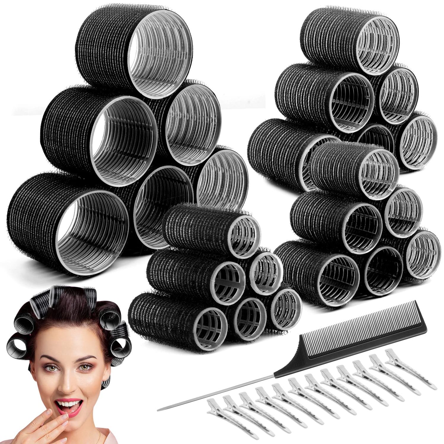 Cludoo 24PCS Heatless Hair Rollers with 12 Clips - 4 Sizes (Large, Medium, Small) for Volume, Curls on Long, Short, Thick or Fine Hair