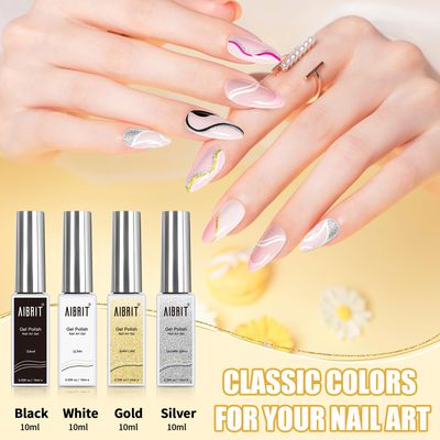 Gel Liner Art Polish Set 10ml, 4 Colors Black White Gold Silver Design Paint with Thin Brush in Bottle for Swirl Euphoria French Tips Manicure Painting DIY at Home
