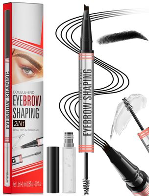 MOLAKS Microblading Eyebrow Pen - 2-In-1 Dual-Ended Natural Brow Eyebrow Pen, 4-Fork Tip Eyebrow Pen &amp; Clear Eyebrow Gel, Long-Lasting Natural Brows Eyebrow Pen (3# Black)