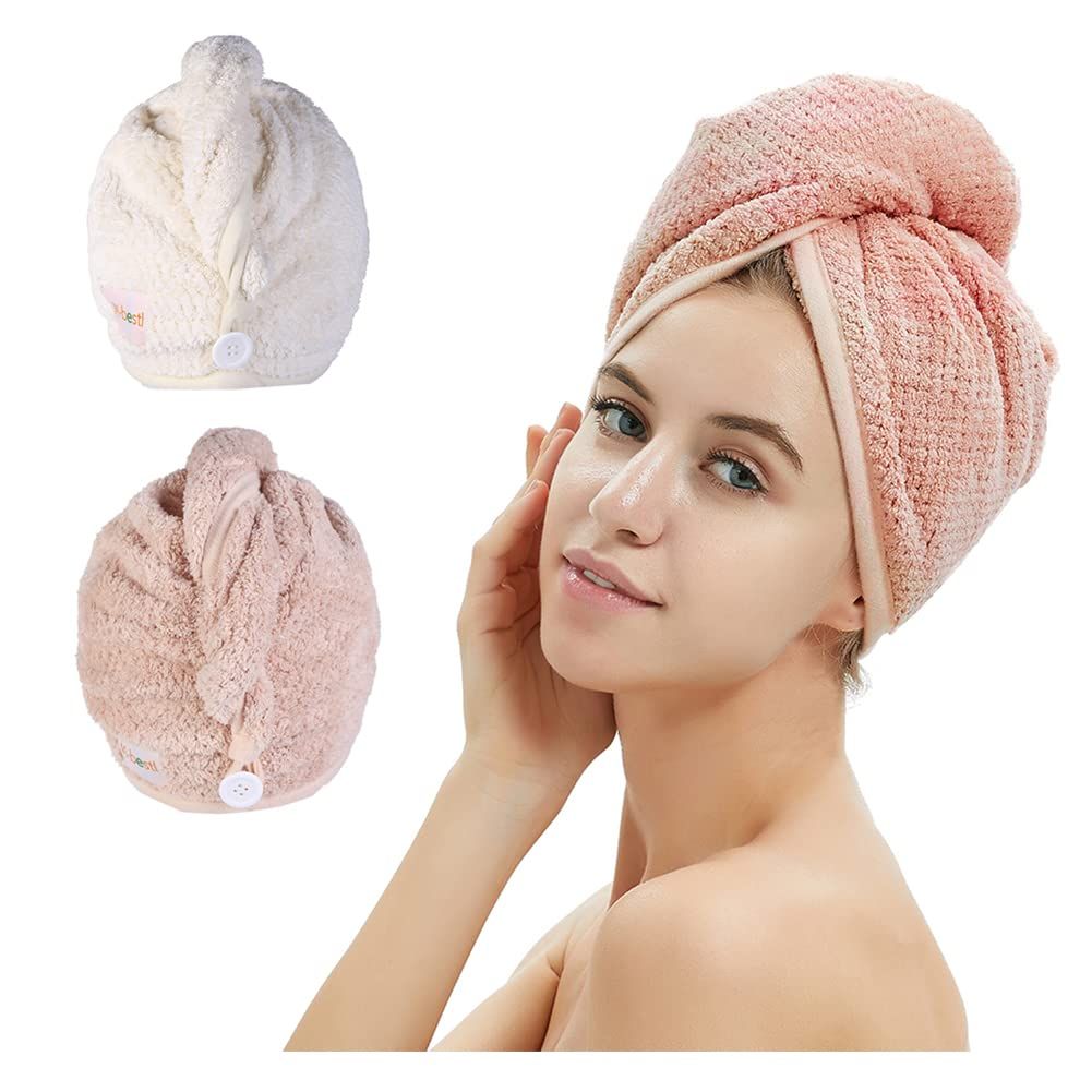 M-bestl 2 Pack Microfiber Hair Towel Wrap,Hair Drying Towel with Button, Towel Turban,Head Towel to Dry Hair Quickly (Pink&amp;Beige)