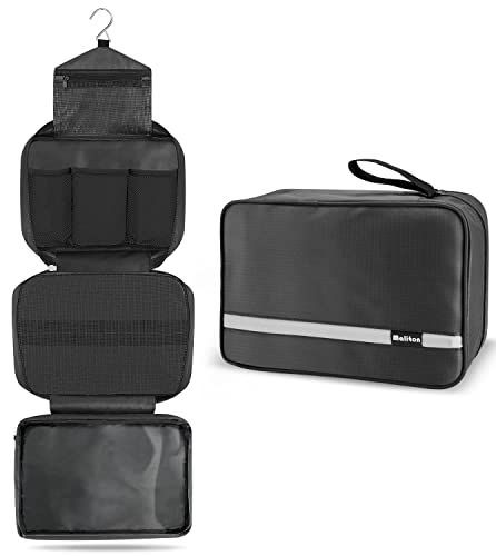 Maliton Toiletry Bag for Men &amp; Women | Large for Traveling | Hanging Compact Hygiene Bag with 4 Compartments | Waterproof Bathroom Shower Bag (Black)