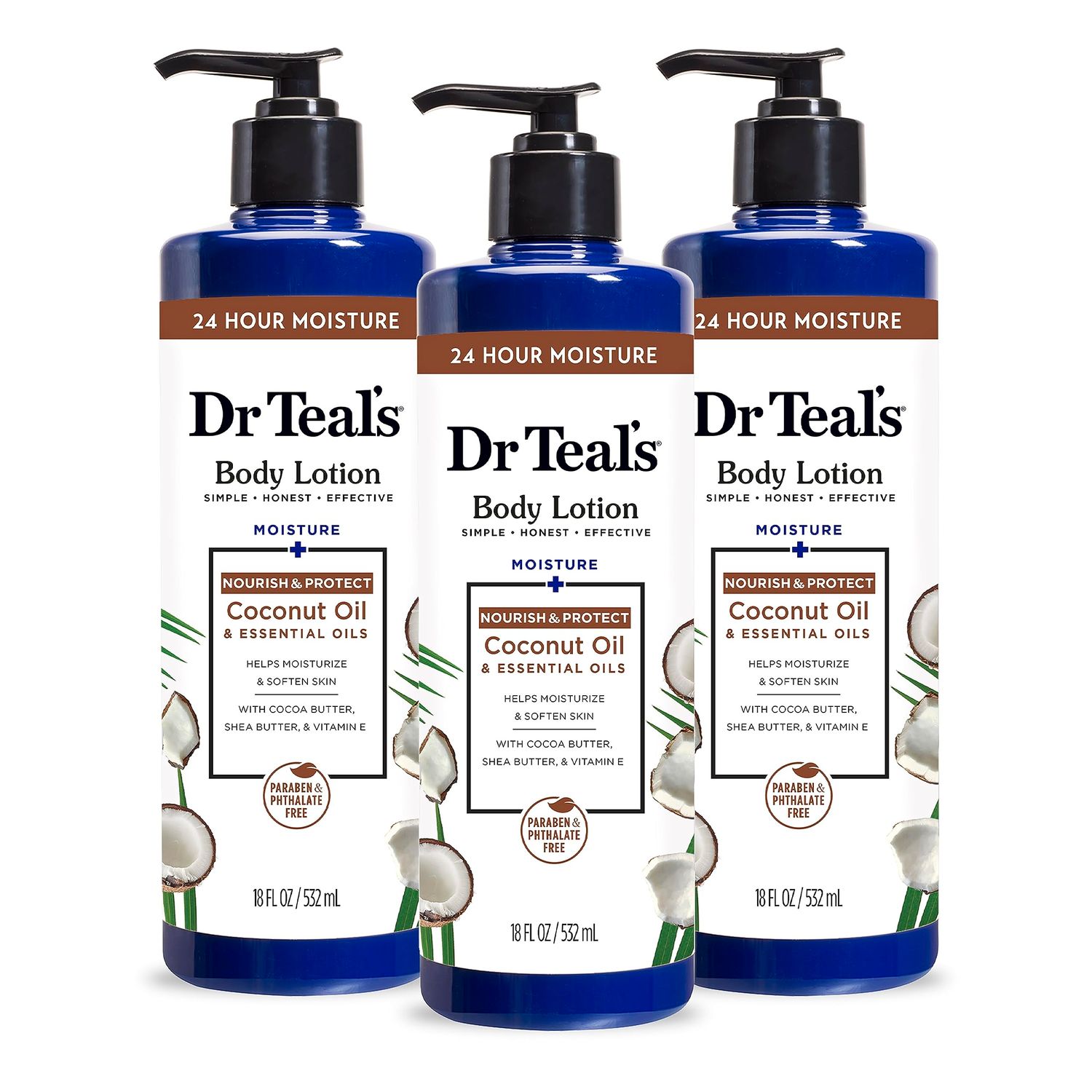 Dr Teal&#39;s Body Lotion, Coconut Oil &amp; Essential Oils, 18 fl oz (Pack of 3)