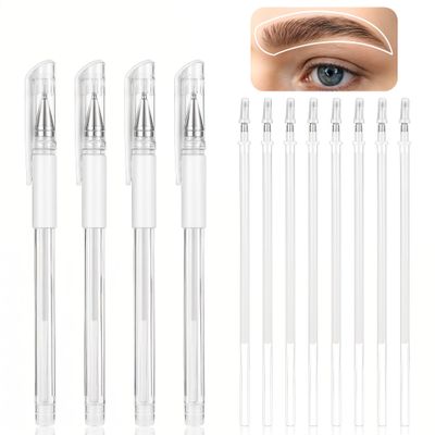 Eyebrow Microblading Marker Pen, 4 Pcs Brow Mapping Pens with with 8 Replacement Refills, Makeup Tattoo Skin Marker Pen, Brow Lamination Supplies for Eyebrow Lip Skin(White)