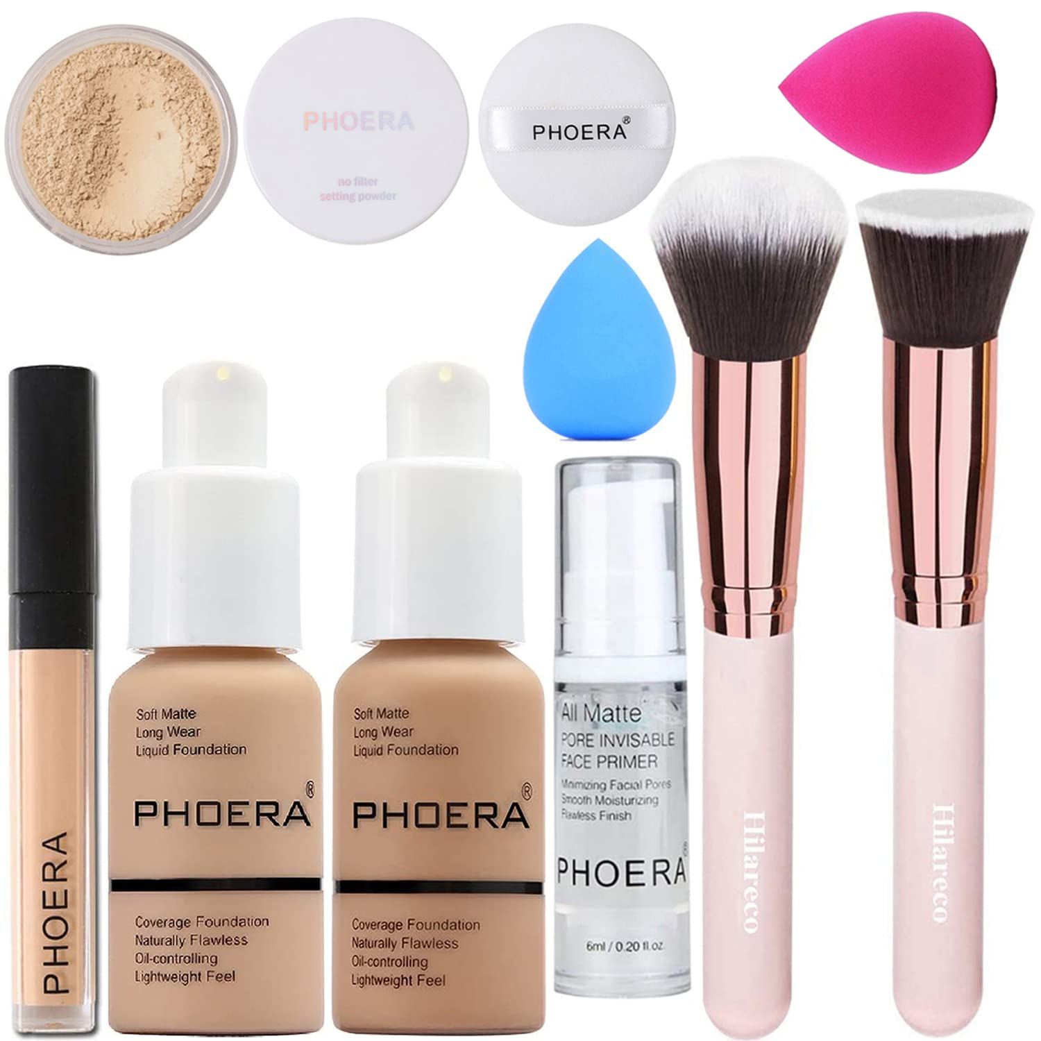 PHOERA Foundation,Full Coverage Foundation,PHOERA Primer,PHOERA Powder,PHOERA Concealer PHOERA Makeup Set, Kabuki Makeup Brushes Foundation Brush Powder,2 Makeup Sponge (104 Buff Beige  105 Sand