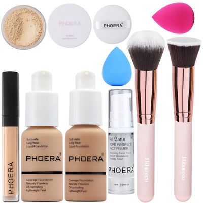 PHOERA Foundation,Full Coverage Foundation,PHOERA Primer,PHOERA Powder,PHOERA Concealer PHOERA Makeup Set, Kabuki Makeup Brushes Foundation Brush Powder,2 Makeup Sponge (104 Buff Beige  105 Sand