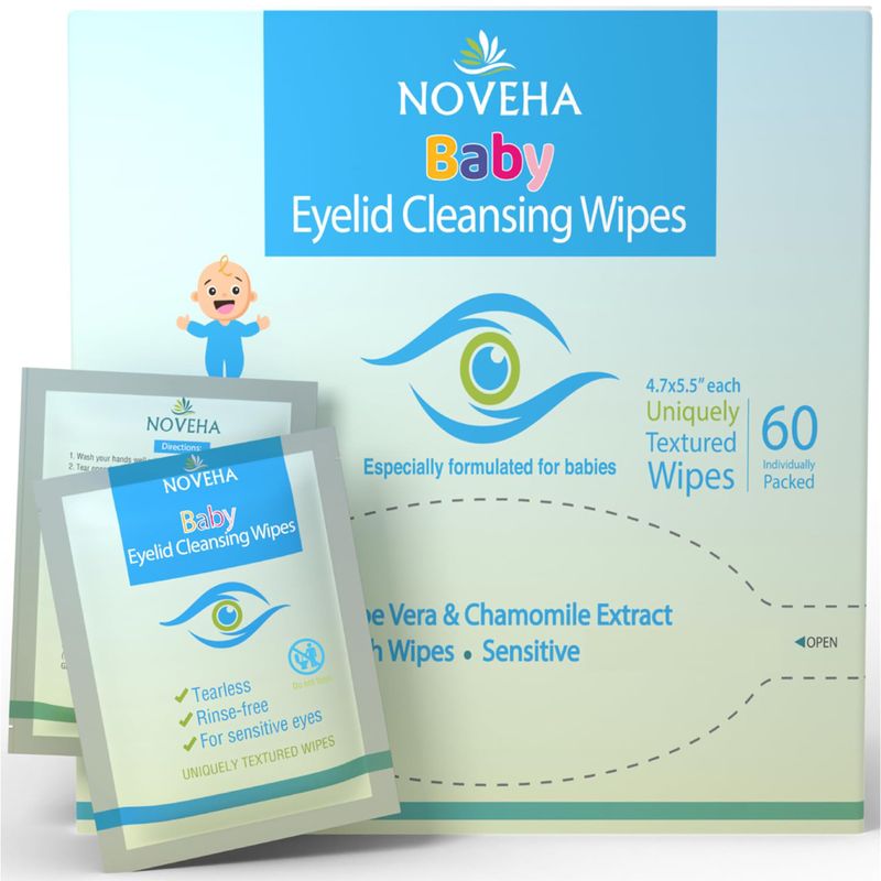 NOVEHA Baby Eyelid &amp; Lash Wipes | Safe &amp; Natural Pack of 60 Pre-moistened Wipes