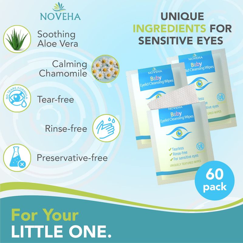 NOVEHA Baby Eyelid &amp; Lash Wipes | Safe &amp; Natural Pack of 60 Pre-moistened Wipes