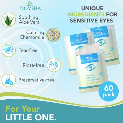 NOVEHA Baby Eyelid &amp; Lash Wipes | Safe &amp; Natural Pack of 60 Pre-moistened Wipes