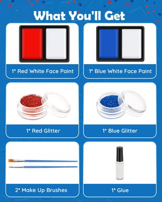 Lictin Red White Blue Face Paint Kit, 3 Color Water-Based Patriotic Face Paint with Glitter, 30 Stencil Stickers, USA Flag 4th of July Face Paint for Independence Day, Halloween Cosplay, Veterans Day