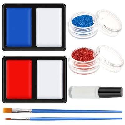 Lictin Red White Blue Face Paint Kit, 3 Color Water-Based Patriotic Face Paint with Glitter, 30 Stencil Stickers, USA Flag 4th of July Face Paint for Independence Day, Halloween Cosplay, Veterans Day