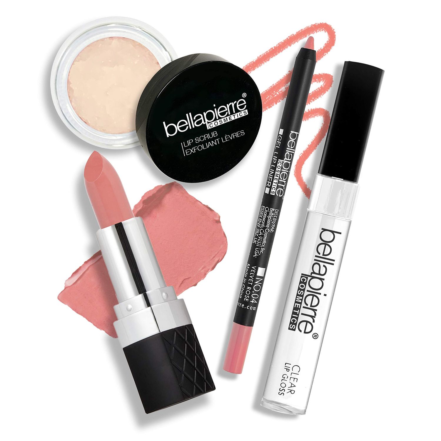 bellapierre Best in Pout Kit | Lip Scrub, Mineral Lipstick, Gel Lip Liner &amp; Clear Lip Gloss | Non-Toxic and Paraben Free | Oil and Cruelty Free - Velvet Rose