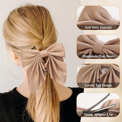 6Pcs Hair Bows for Women, Bow Hair Clips, Silky Satin Hair Bows for Girls, Neutral Colors Hair Ribbon, Cute Bow Clips for Women, Hair Accessories Christmas Gifts