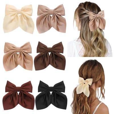 6Pcs Hair Bows for Women, Bow Hair Clips, Silky Satin Hair Bows for Girls, Neutral Colors Hair Ribbon, Cute Bow Clips for Women, Hair Accessories Christmas Gifts