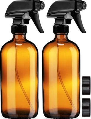 Empty Amber Glass Spray Bottles - 2 Pack - Large 16oz Refillable Bottle is Great for Essential Oils, Plants, Cleaning Solutions, Hair Mister - Durable Nozzle wFine Mist and Stream Setting