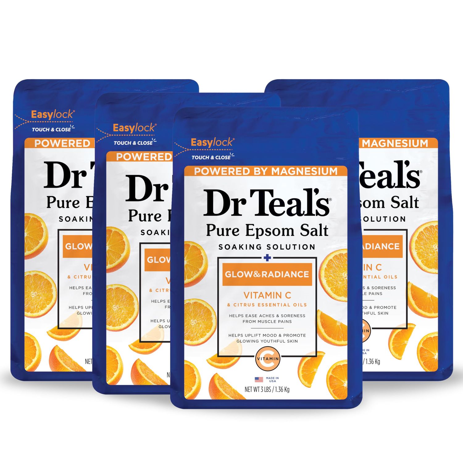 Dr Teal&#39;s Epsom Salt Magnesium Soak, Glow &amp; Radiance with Vitamin C &amp; Citrus Essential Oils, 3 lbs (Pack of 4)