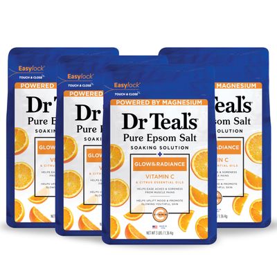 Dr Teal&#39;s Epsom Salt Magnesium Soak, Glow &amp; Radiance with Vitamin C &amp; Citrus Essential Oils, 3 lbs (Pack of 4)