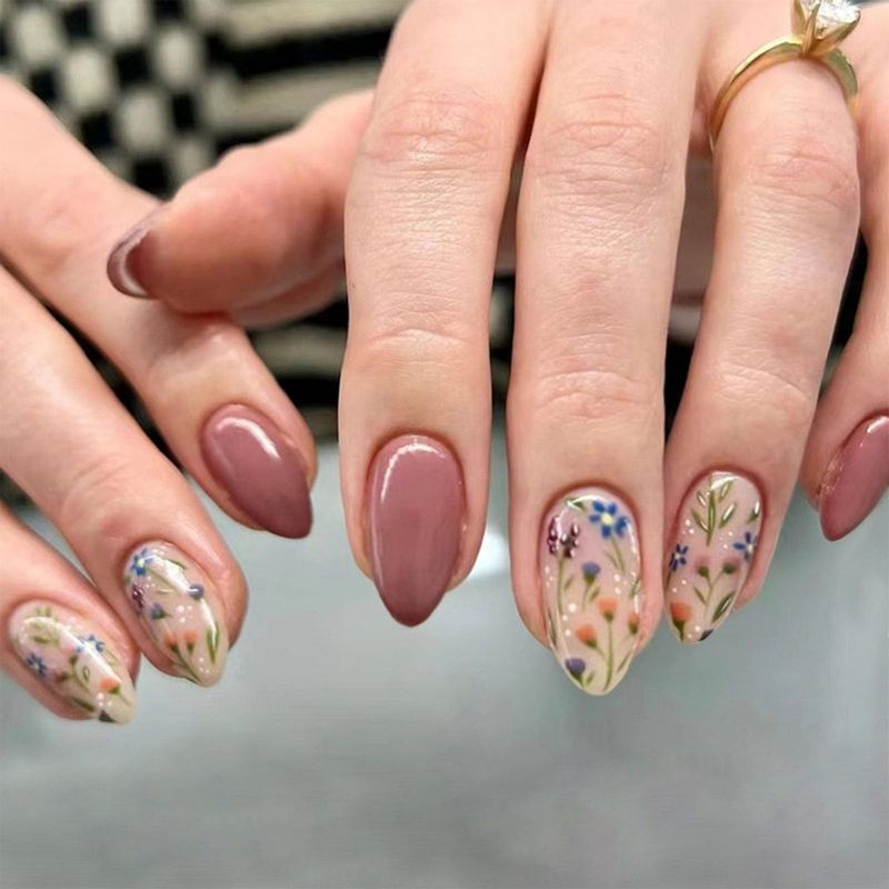 Flower Press on Nails Short Almond Fall Nails Press ons Short Fake Nails with Floral Design Glue on Nails Glossy Floral False Nails Reusable Full Cover Acrylic Stick on Nails for Women Girls 30 Pcs