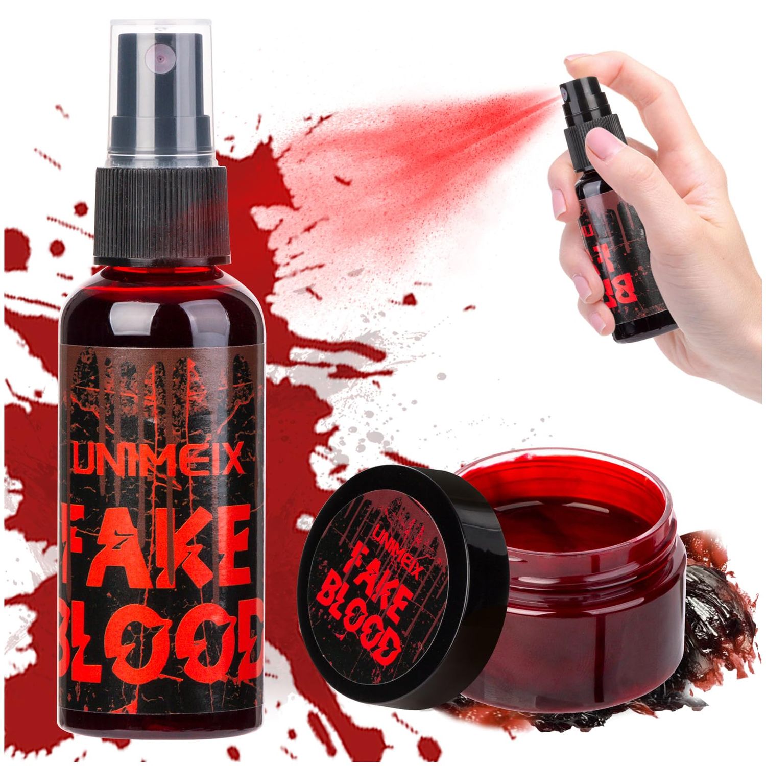 UNIMEIX 2 OZ Fake Blood Spray and 1 OZ Gel Fake Blood Makeup Kit Washable Sfx Makeup for Clothes Mouth EyesStage Blood for Halloween Zombie Vampire Cosplay Party