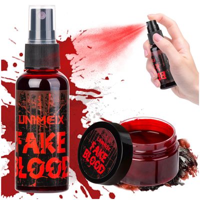 UNIMEIX 2 OZ Fake Blood Spray and 1 OZ Gel Fake Blood Makeup Kit Washable Sfx Makeup for Clothes Mouth EyesStage Blood for Halloween Zombie Vampire Cosplay Party