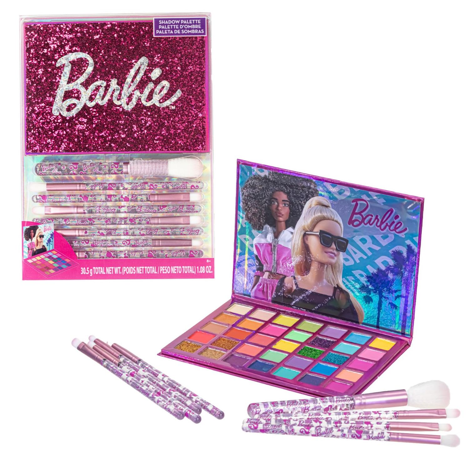 Barbie 35-Well Eyeshadow Palette, Shimmery and Opaque Colors, Pigmented Blendable, 8 Application Brushes Ages 8, Perfect for Parties, Sleepovers &amp; Makeovers, By Townley Girl