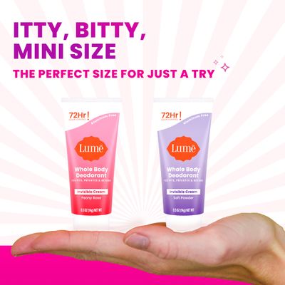 Lume Whole Body Deodorant - Mini Travel Size Invisible Cream Tube - Trial Size - 72 Hour Odor Control - Doctor Developed - Aluminum Free, Baking Soda Free - .5oz (2 Pack) (Soft Powder &amp; Peony Rose)
