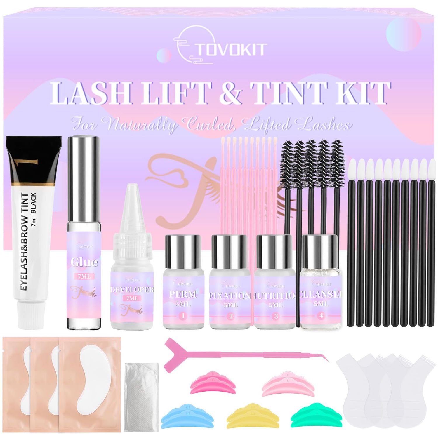 Tovokit Lash Lift Kit, Eyelash Perm Kit, Professional Eyelash Lift Kit and Black Eyebrows &amp; Eyelashes Color Kit, Easy Lash Lift for Beginner at Home