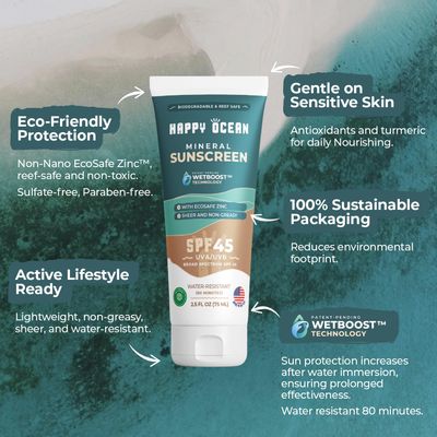 SPF 45 Biodegradable Mineral Sunscreen for Face & Body, Non Toxic Organic Sunscreen, Non Nano Zinc Oxide Sunscreen Coral Reef Safe Sunscreen Travel Size Reef Friendly Natural Sunscreen 2.5 Fl Oz