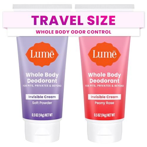 Lume Whole Body Deodorant - Mini Travel Size Invisible Cream Tube - Trial Size - 72 Hour Odor Control - Doctor Developed - Aluminum Free, Baking Soda Free - .5oz (2 Pack) (Soft Powder &amp; Peony Rose)
