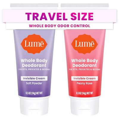 Lume Whole Body Deodorant - Mini Travel Size Invisible Cream Tube - Trial Size - 72 Hour Odor Control - Doctor Developed - Aluminum Free, Baking Soda Free - .5oz (2 Pack) (Soft Powder &amp; Peony Rose)