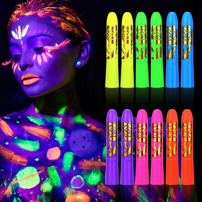 glow in the dark body face paint, 12pcs neon accessories for glow party supplies, UV Crayon Kit neon party decorations for Birthday Party Halloween Masquerade Makeup for Kids Adult