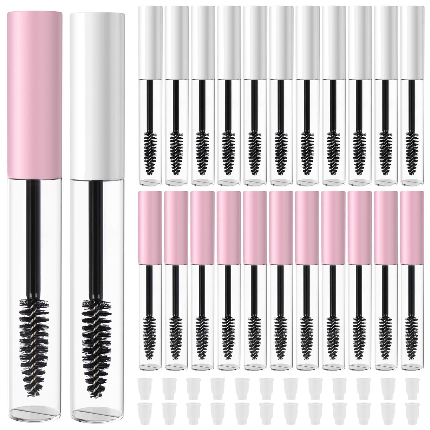 RONRONS 24 Pieces 10ml Mini Mascara Tube Empty Castor Oil Container with Cap Eyelash Wand Brush and Rubber Inserts for Home and Travel DIY Makeup Artist