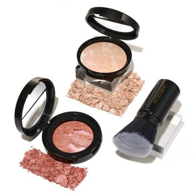 LAURA GELLER NEW YORK Blush-n-Glow Kit (3 PC) Baked Balance-N-Glow Illuminating Powder Foundation, Porcelain  Retractable Kabuki Brush  Baked Blush-N-Brighten, Pink Grapefruit