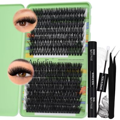 Eyelash Extension Kit 280 pcs Fluffy Lash Clusters D Curl 14-22mm Mix 80D&amp;100D Individual Lashes with Lash Bond, Lash Seal and Lash Applicator for Lash Extension, by Anforlin