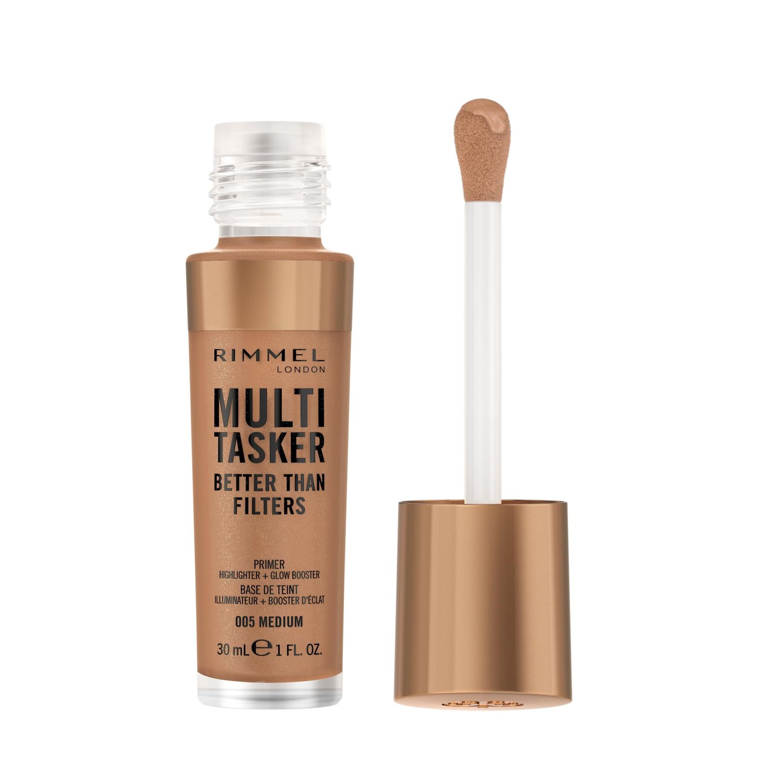 Rimmel Multi-Tasker Better Than Filters, 005 Medium, Face Primer, Glow Booster and Highlighter, Vegan Formula, Anti-Ageing Benefits, Light-Reflecting Pigments, Giant Soft-Touch Wand, 1oz