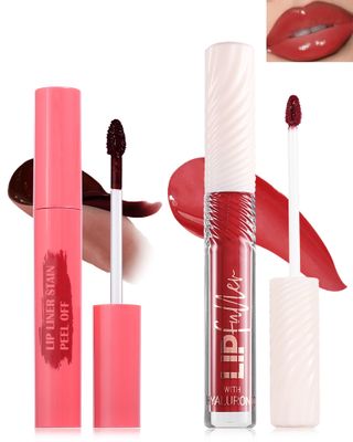 Brown Peel Off Lip Liner Stain &amp; Red Lip Oil Set, Waterproof Long Lasting Tattoo Peel &amp; Reveal Lip Stain Tint, Hydrating Non-Sticky Tinted Lip Gloss Oil, Plumping Glossy Lip Combo Makeup for Women-D