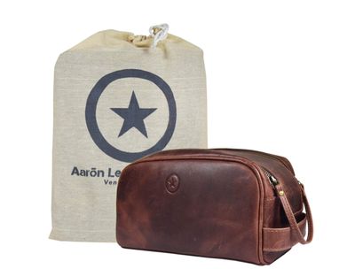10&quot; Premium Leather Toiletry Travel Pouch With Waterproof Lining | King-Size Handcrafted Vintage Dopp - Kit By Aaron Leather Goods (Dark Brown)