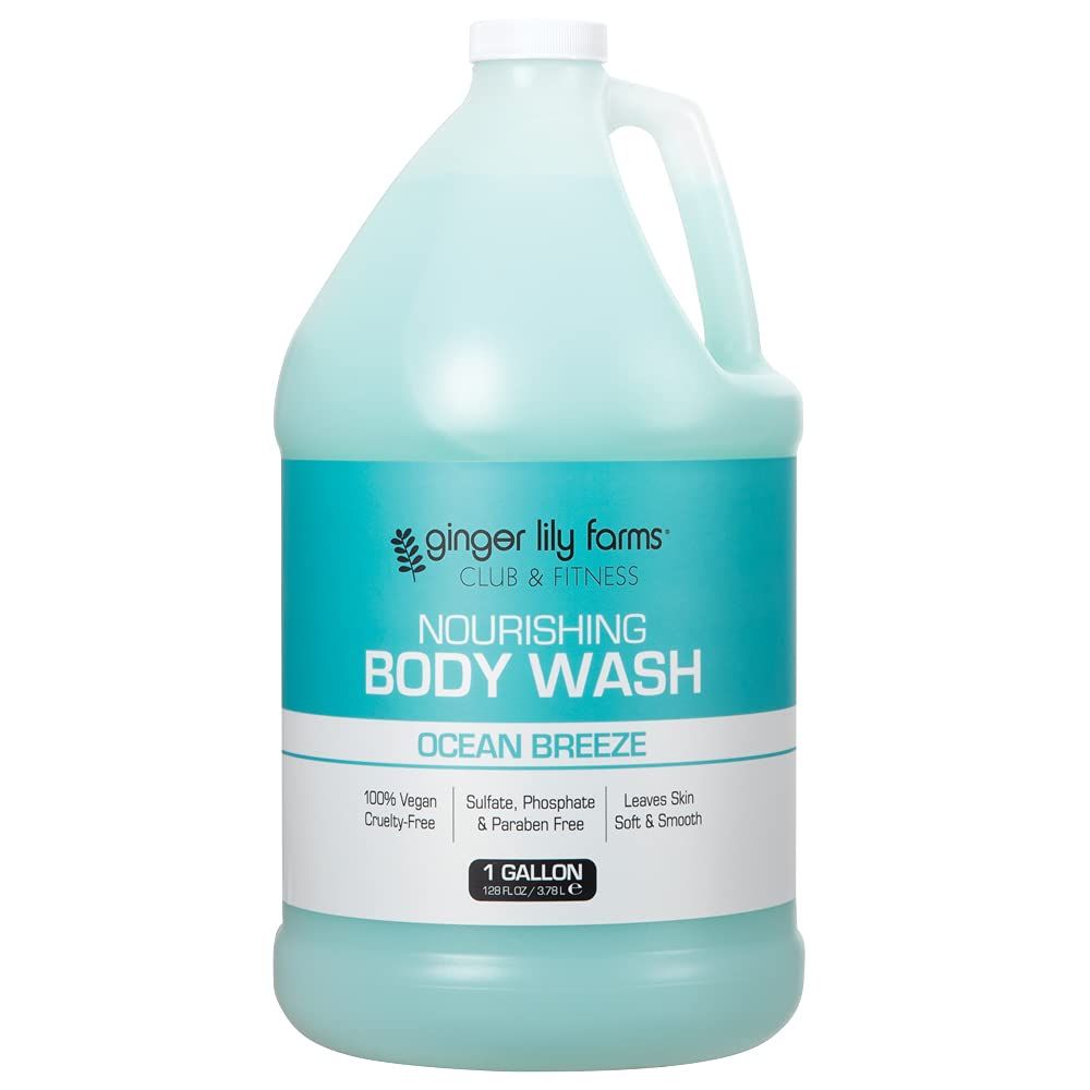 Ginger Lily Farms Club &amp; Fitness Nourishing Body Wash, 100% Vegan &amp; Cruelty-Free, Bath &amp; Shower Gel for Men and Women, Ocean Breeze Scent, 1 Gallon (128 fl. oz.) Refill