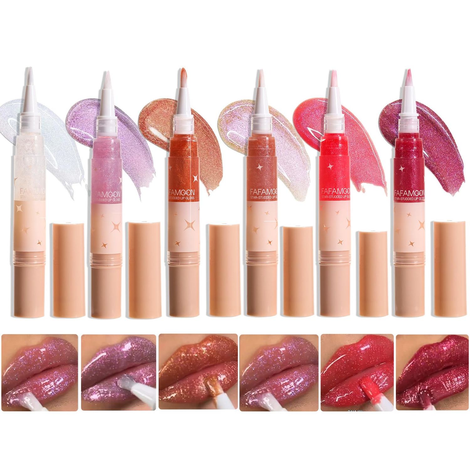 Domality 6 Colors Diamond Glitter Lip Gloss Set, 6Pcs High Shine Shimmer Lip Glaze with Soft Brush, Long Lasting Hydrating Liquid Lipstick, Plumping Moisturizing Shinny Lip Makeup