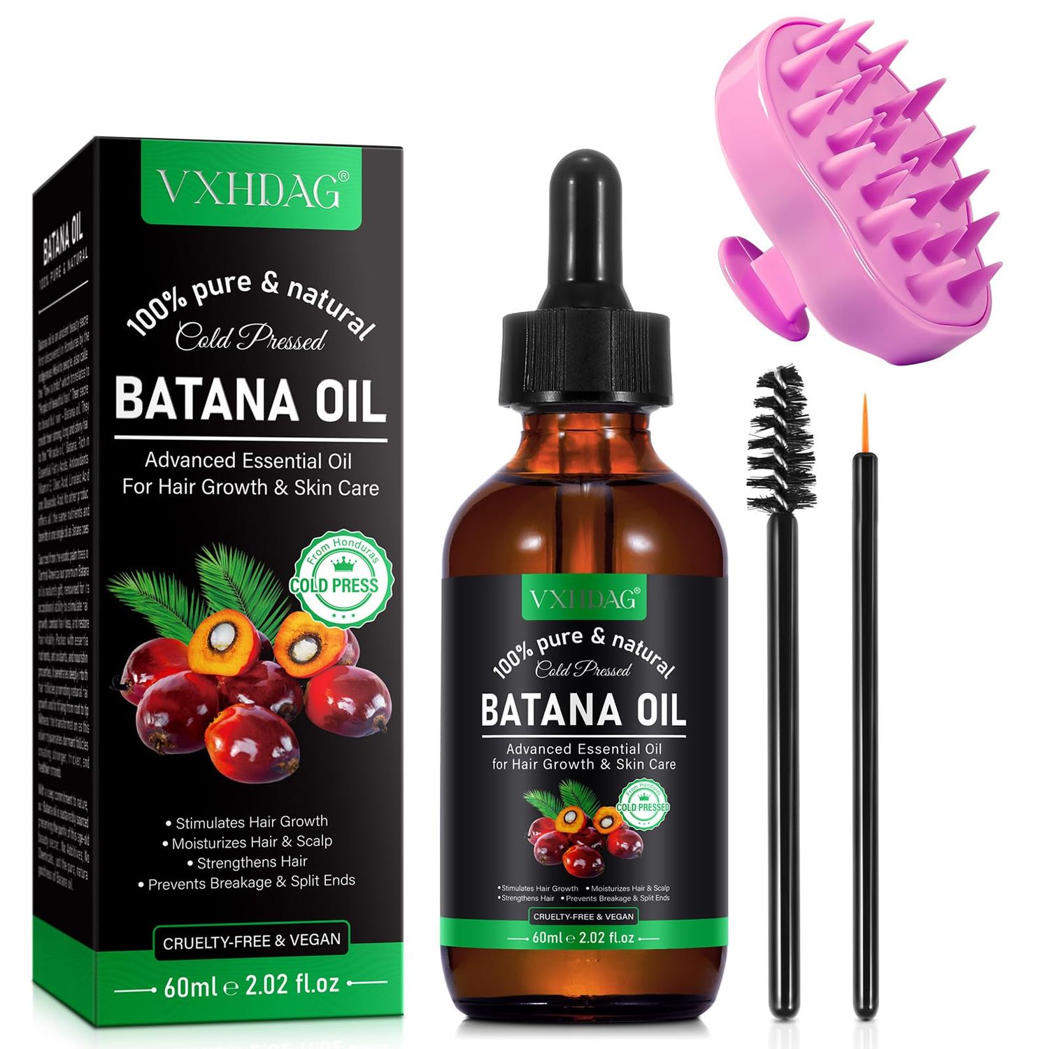 Batana Oil for Hair Growth and Nourishment - Scalp Massager Included, Honduras Pure &amp; Natural Oil for Split Ends Elimination, Enhanced Hair and Skin Radiance, All Hair Types, 2.02 fl oz