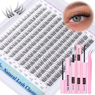 Natural Lash Clusters Kit DIY Lash Extension Kit Wispy Eyelash Extension Kit C Curl Individual Lashes Kit 9-12MM Short Eyelash Clusters with Lash Remover by Newcally