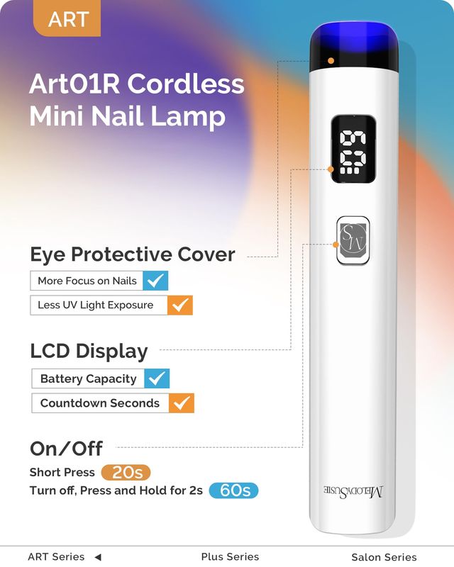 Melodysusie Handheld UV Light for Gel Nails, ART01R Cordless Gel X Nail Lamp Rechargeable with LCD Display, Eye-Protective Cover Flash Cure Nail Dryer for Rhinestone Glue Decoration DIY at Home White