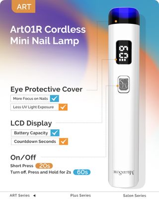 Melodysusie Handheld UV Light for Gel Nails, ART01R Cordless Gel X Nail Lamp Rechargeable with LCD Display, Eye-Protective Cover Flash Cure Nail Dryer for Rhinestone Glue Decoration DIY at Home White