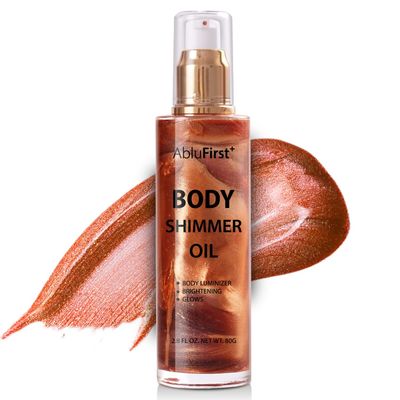 AbluFirst Shimmer Body Oil 4 Colors Face Glitter Summer Body Makeup Moisturizing Light Shimmering Glow Non-Sticky Party Luminizer and Illuminator Smooth (2.8 Fl Oz Pack of 1, Golden Brown)