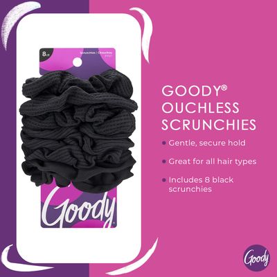 Goody Ouchless Jersey Scrunchies - 8 Ct, Black, Damage-Free, Dentless &amp; Secure Hold Hair Ties, Gentle Hair Accessories for Women &amp; Men, All Day Comfort, All Hair Types