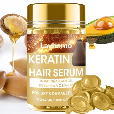 Keratin Hair Treatment Serum,60 Capsules Hair Treatment Oil for Dry Damaged Hair,Hair Oil with Keratin,Argan Oil-Leave-in Anti Frizz Conditioner with Vitamins A, C, E &amp; B5- No Rinse for All Hair Types