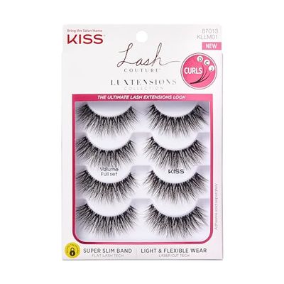 KISS Lash Couture LuXtensions Collection False Eyelashes Multipack, Flat Lash Technology, Super Slim Lash Band, Real Lash Extension Fibers, Reusable Strip Lashes, &#39;Volume Full Set&#39;, 4 Pairs