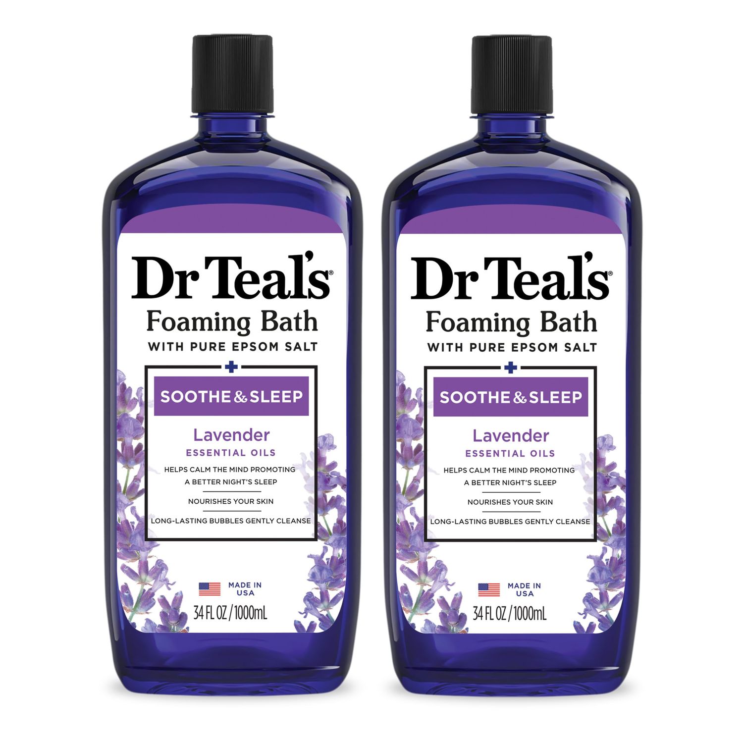 Dr Teal&#39;s Foaming Bath with Pure Epsom Salt, Soothe &amp; Sleep with Lavender, 34 fl oz (Pack of 2)