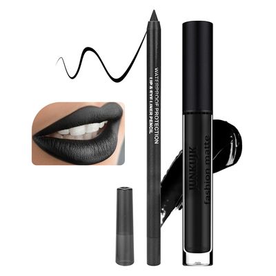 Black Matte Lipstick and Lip Liner Pencil Set,Full Coverage Matte Liquid Lipstick Lip Gloss Set,Waterproof Long Lasting Smudge Proof Lip Liner and Lipstick Set for Goth Cosplay Halloween Lip Makeup