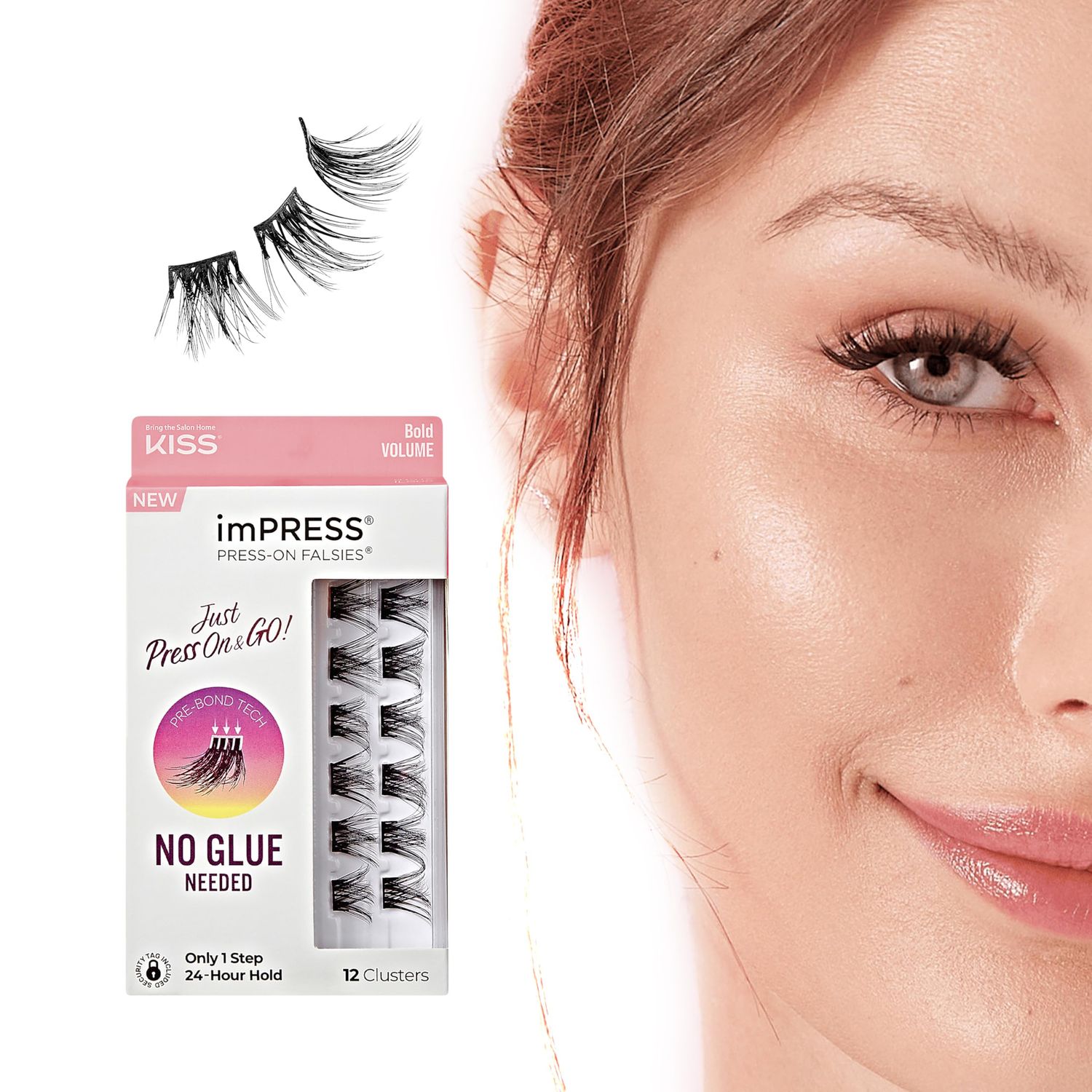 KISS imPRESS False Eyelashes, Lash Clusters, Falsies, Bold Natural&#39;, 12mm-14mm, Includes 12 pieces of pre-bonded lashes, Contact Lens Friendly, Easy to Apply, Reusable Strip Lashes